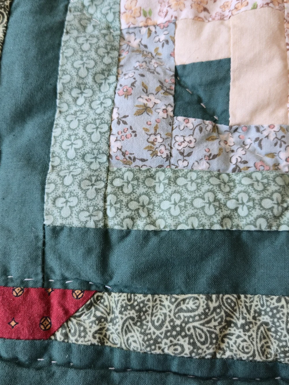 Vintage Quilted Christmas Curtain Panels Set 39x43 Patchwork Log Cabin Star Red